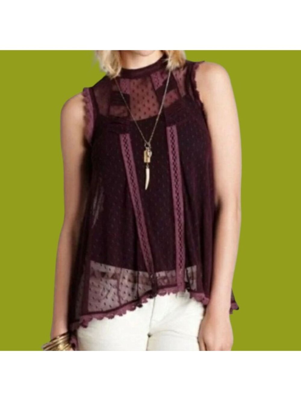 Free People Deep Purple Sheer Lace Sleeveless Top Size XSmall